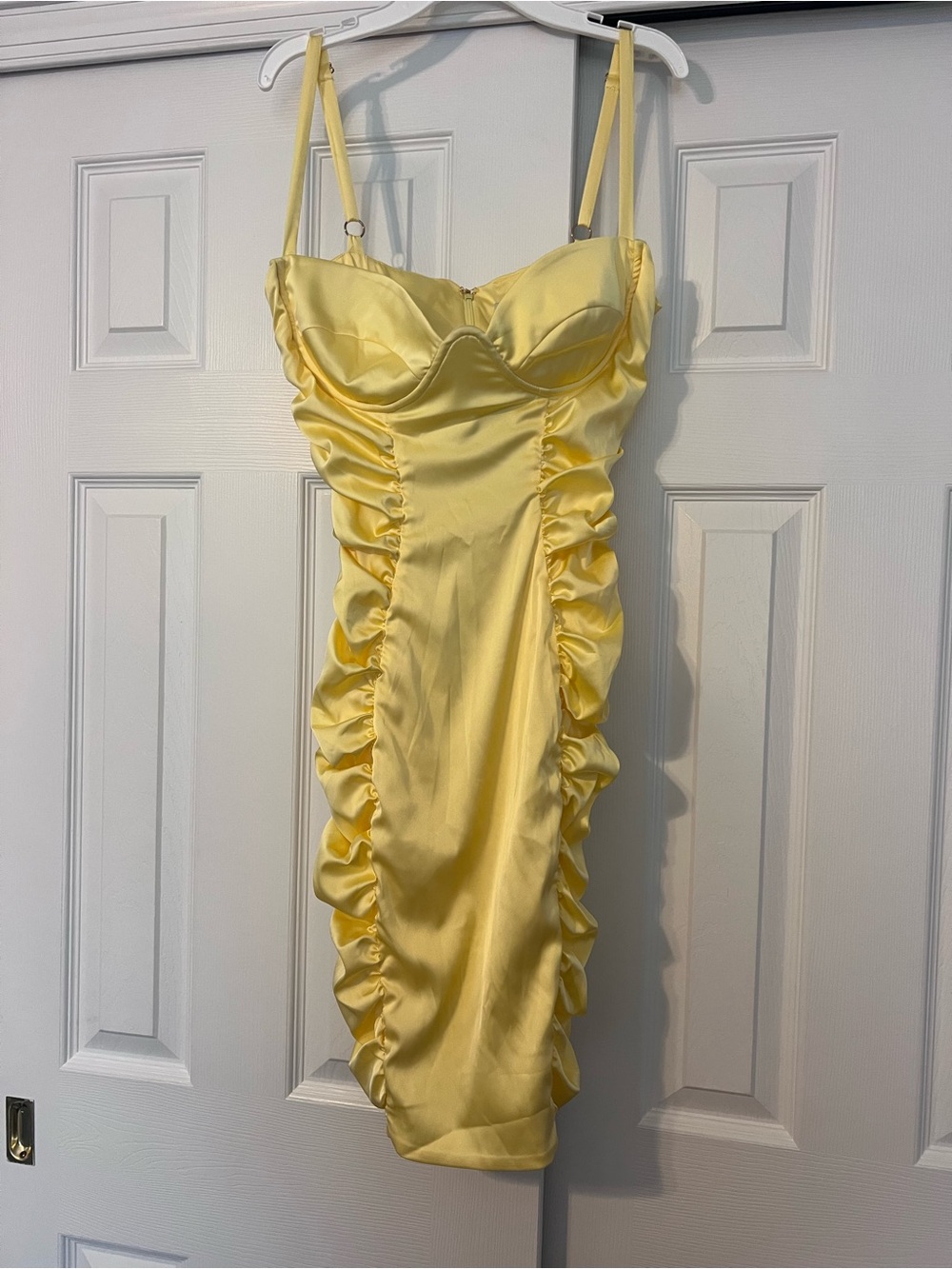 Oh Polly Yellow Satin Ruched Mini Dress